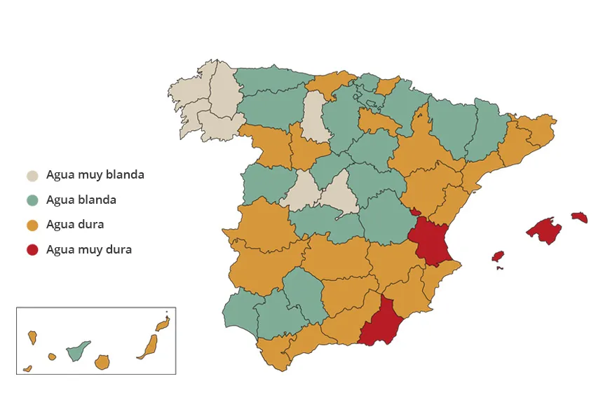 map showing areas with hard water in Spain